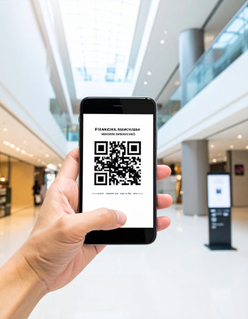 A person presents a QR code on their smartphone screen for digital access or a contactless transaction.の素材