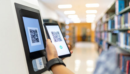 A person uses their smartphone to scan a QR code at a self-service kiosk, streamlining the check-in or information retrieval process in a modern library.の素材
