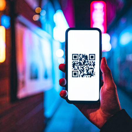 A person's hand holds a smartphone displaying a QR code, poised for a quick scan against the vibrant, glowing bokeh of a city's neon lights at night.の素材