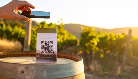 A visitor uses their smartphone to scan a QR code for information or payment at a scenic vineyard during a beautiful sunset.の素材