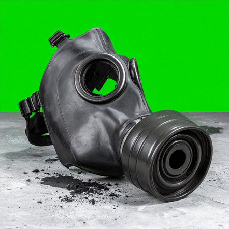 A black gas mask rests on a gritty concrete surface, a stark symbol of survival against an unseen threat. Isolated against a vibrant green screen, this image is perfect for compositing into post-apocalyptic, industrial, or hazardous environment scenes, representing protection, danger, and preparedness.の素材
