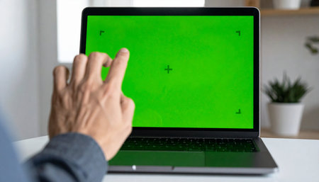 A person's hand gestures towards a modern laptop with a green chroma key screen.の素材