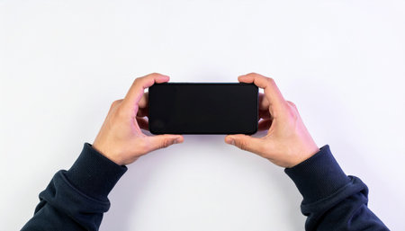 A first-person perspective of someone holding a smartphone horizontally, ready to dive into a world of entertainment.の素材