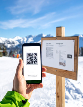 A person in a bright green jacket holds up a smartphone to scan a QR code on a trail sign, instantly accessing digital information against a backdrop of snowy mountains.の素材