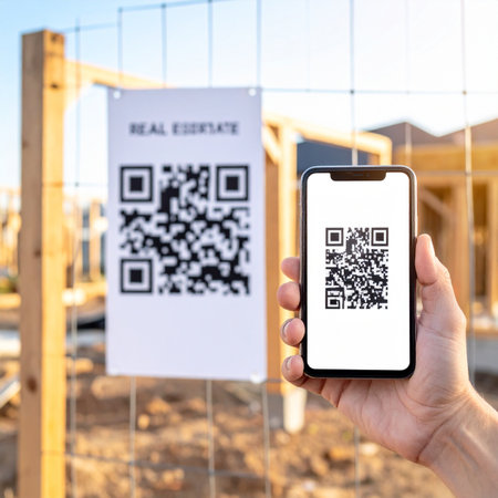 A potential homebuyer uses their smartphone to instantly access information about a new property.の素材