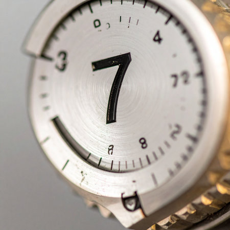 A macro view captures the precise moment on a metallic mechanical counter, with the number seven locked into place.の素材