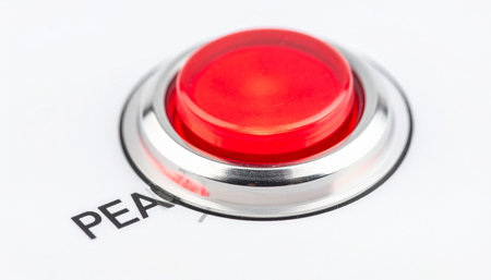 A single red push button, isolated on a white background, offers a simple, one-press solution to achieving world peace.の素材