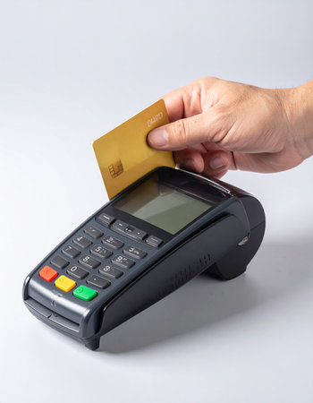 A customer completes a transaction at the checkout counter, inserting a gold chip card into a modern POS terminal.の素材