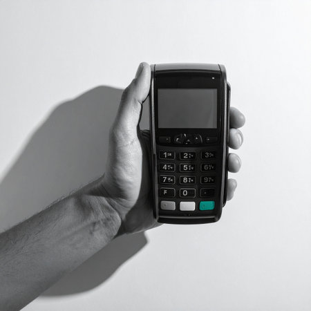 A close-up in stark black and white captures a hand securely holding a POS terminal.の素材