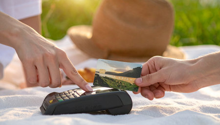 Enjoying a beautiful summer day outdoors, a customer makes a quick and easy contactless payment with a credit card.の素材