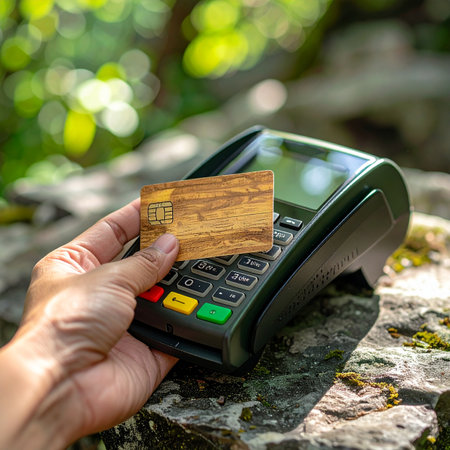 A person makes a seamless contactless payment using a unique wooden credit card on a portable terminal resting on a rock.の素材