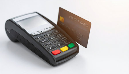 A gold credit card is inserted into a modern point-of-sale terminal, symbolizing a seamless and secure financial transaction.の素材
