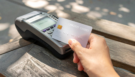 A customer makes a swift and secure contactless payment with a credit card at an outdoor vendor.の素材