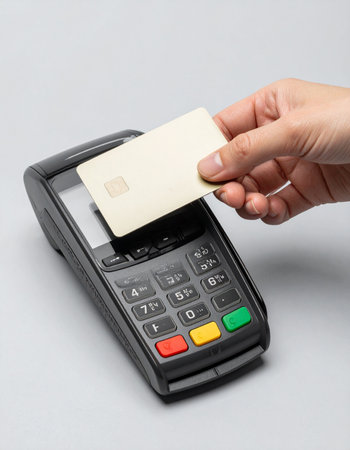 A customer completes a quick and secure purchase by tapping their credit card on a modern POS terminal.の素材