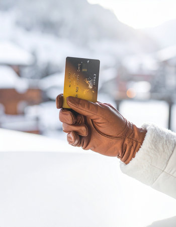 A person in a warm winter glove holds out a credit card, ready to make a purchase against a bright, snowy mountain backdrop.の素材
