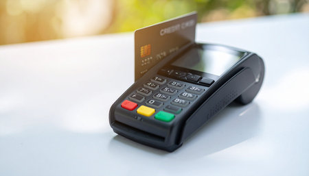 A credit card is inserted into a modern point-of-sale terminal, ready to complete a quick and secure purchase.の素材