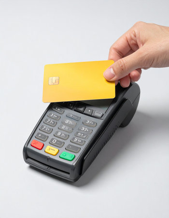 A customer completes a quick and secure purchase by tapping a yellow credit card on a modern payment terminal.の素材