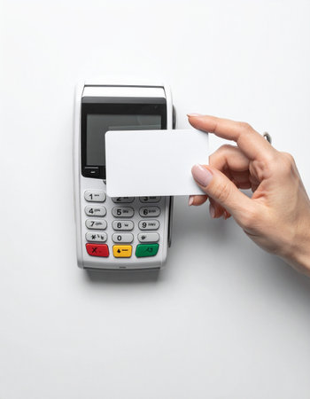 A customer completes a quick and secure purchase by tapping a blank credit card on a modern POS terminal.の素材