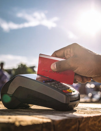 A customer makes a quick and secure purchase at an outdoor market or cafe, simply tapping their credit card on the terminal.の素材