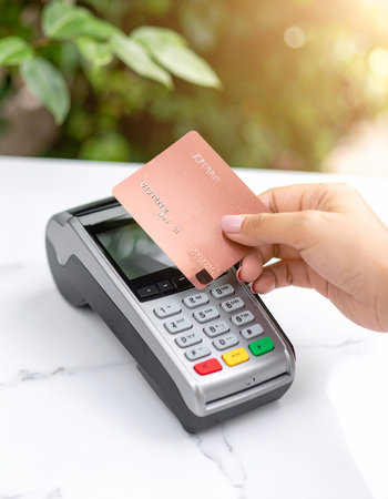 A customer makes a quick and secure purchase by tapping their credit card on a modern payment terminal.の素材
