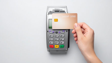 A customer completes a quick and secure purchase by simply tapping their gold credit card on a modern POS terminal.の素材