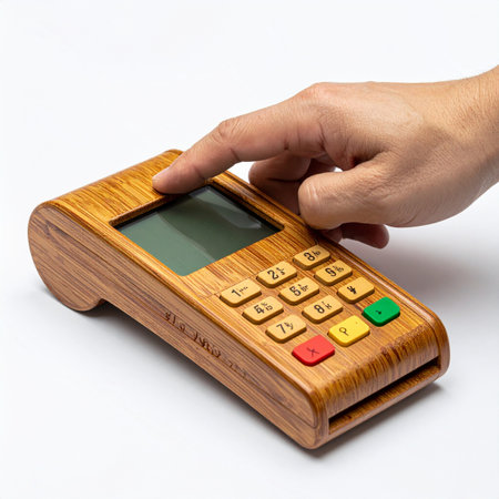 A customer completes a transaction on a unique, wooden POS terminal, highlighting a commitment to sustainable business practices.の素材