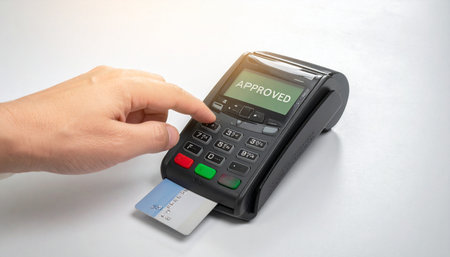 A customer finalizes a purchase, their finger pressing the keypad to enter a secure PIN on a modern point-of-sale terminal.の素材
