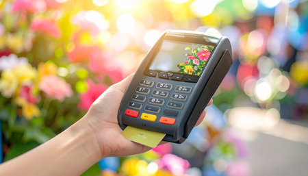 A customer's hand holds a credit card terminal, completing a purchase amidst the vibrant, sunlit colors of a flower shop.の素材
