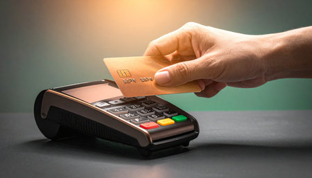 A customer completes a quick and secure purchase by inserting a chip credit card into a modern point-of-sale terminal.の素材