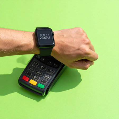 A person makes a quick and secure payment by tapping their smartwatch on a point-of-sale terminal, showcasing the convenience of modern financial technology against a vibrant green background.の素材