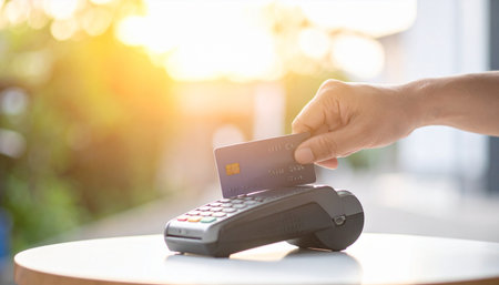 A customer makes a quick and easy contactless payment with their credit card, tapping it on a modern POS terminal.の素材