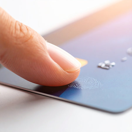 A macro shot captures the moment of secure authentication as a finger presses against a credit card.の素材