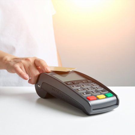 A customer completes a quick and secure purchase by tapping their credit card on a modern POS terminal.の素材