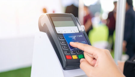 A close-up shot captures the final step of a modern retail transaction. A customer's hand securely enters their PIN on a point-of-sale terminal, completing a purchase with their chip credit card.の素材