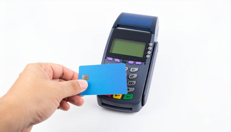 A customer completes a quick and secure purchase by simply tapping their blue credit card on a modern POS terminal.の素材