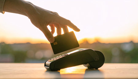 As the sun sets, casting a warm golden glow, a customer makes a quick and seamless contactless payment with their credit card.の素材
