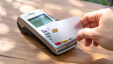 A customer completes a quick and secure purchase by simply tapping their credit card on the terminal.の素材