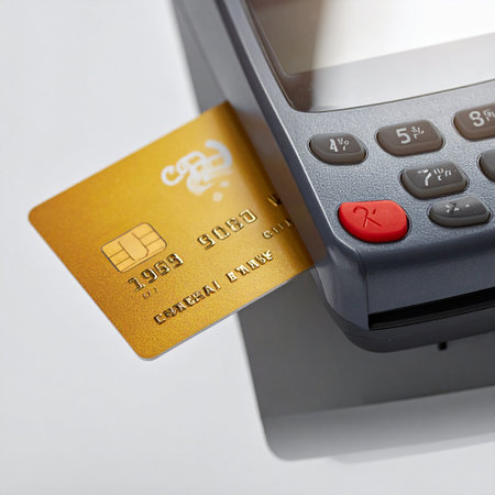 A close-up view captures the moment a gold chip credit card is inserted into a modern point-of-sale terminal.の素材