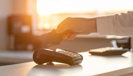 A customer completes a quick and secure purchase using tap-to-pay technology.の素材