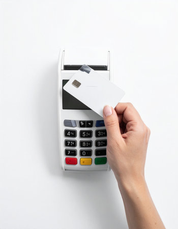 A customer completes a quick and secure purchase, inserting a credit card into a modern point-of-sale terminal.の素材