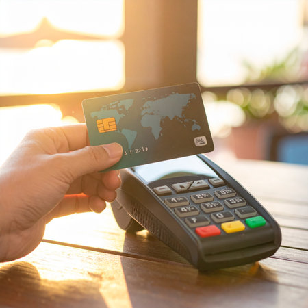 A customer makes a quick and secure contactless payment with a credit card at a sunlit cafe.の素材