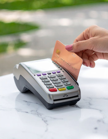 A customer completes a quick and easy purchase by swiping their credit card through a modern POS terminal.の素材