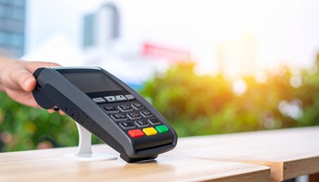 A customer completes a quick and secure purchase with a simple tap.の素材