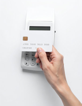 A customer completes a quick and secure purchase by inserting a chip credit card into a modern point-of-sale terminal.の素材