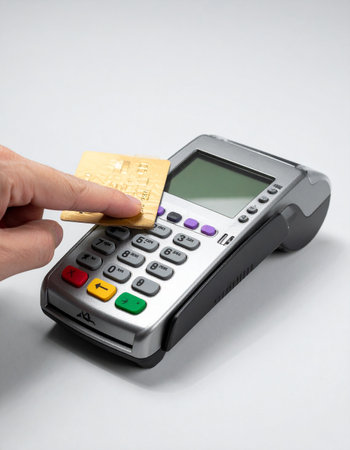 A customer completes a quick and secure purchase by tapping their gold credit card on a modern POS terminal.の素材