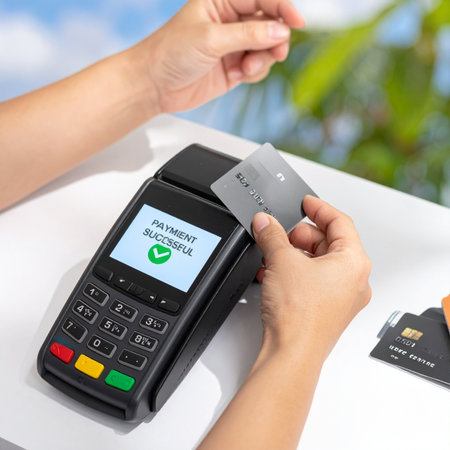 A customer completes a quick and secure transaction by tapping their credit card on a modern payment terminal.の素材