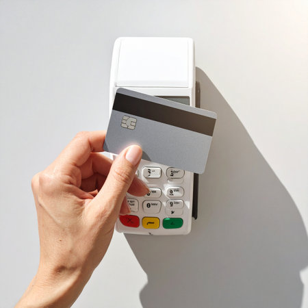 A customer completes a quick and secure purchase using the tap-to-pay feature on their credit card.の素材