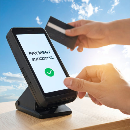 A customer completes a quick and easy purchase on a bright, sunny day.の素材