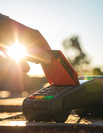 A customer completes a purchase using a credit card at an outdoor terminal during a beautiful golden hour sunset.の素材