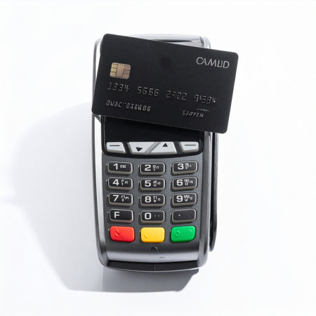 A sleek black credit card rests on a modern POS terminal, symbolizing a seamless and secure transaction.の素材